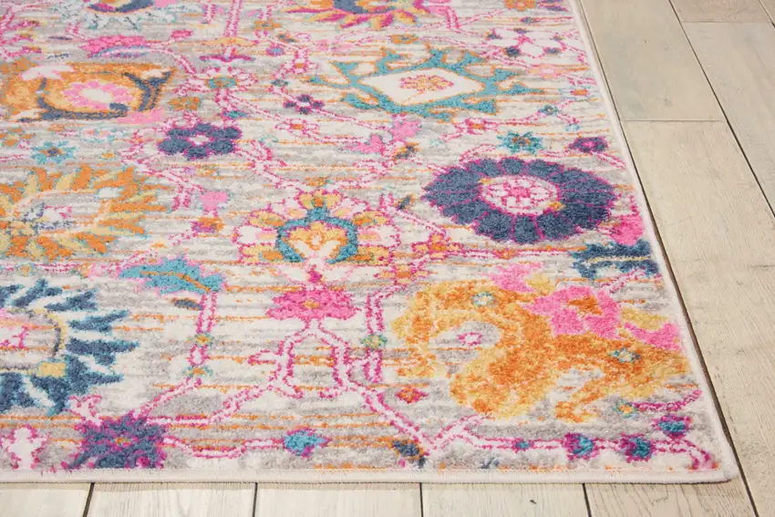 Silver Gray And Pink Floral Distressed Area Rug Photo 8