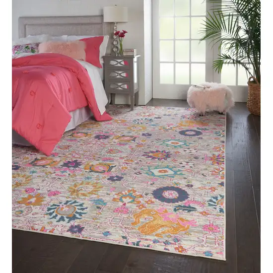 Silver Gray And Pink Floral Distressed Area Rug Photo 5