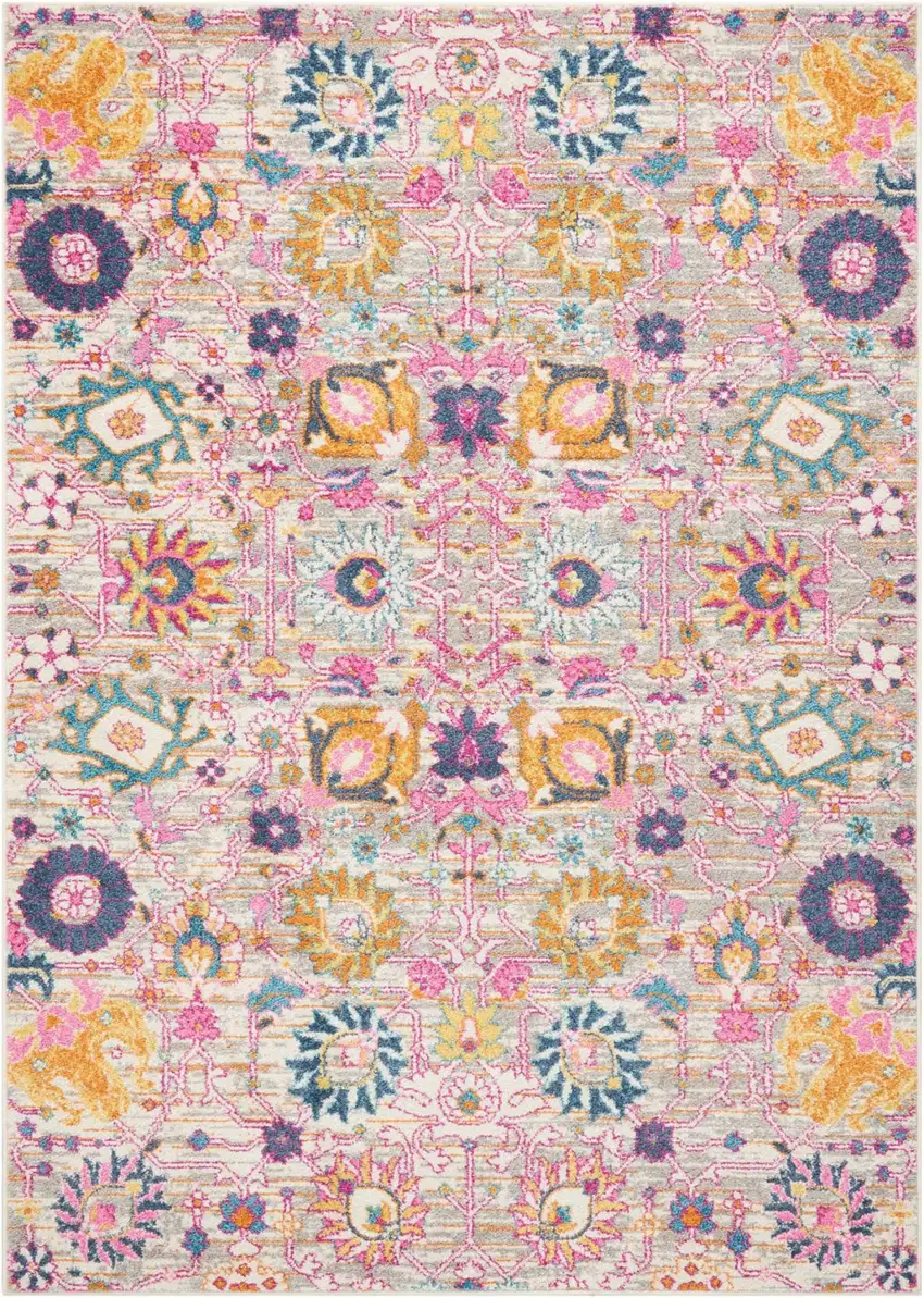 Silver Gray And Pink Floral Distressed Area Rug Photo 7