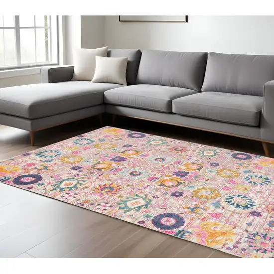 Silver Gray And Pink Floral Distressed Area Rug Photo 2