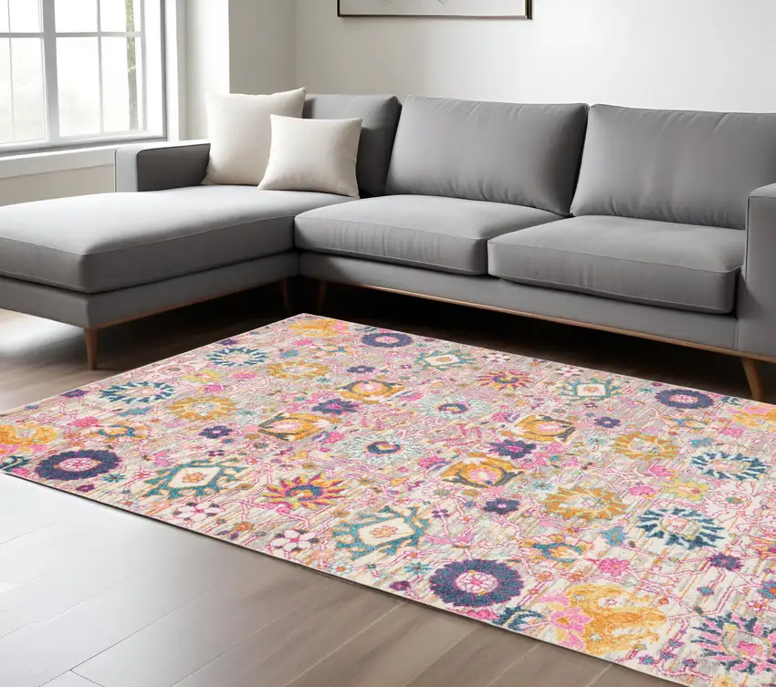 Silver Gray And Pink Floral Distressed Area Rug Photo 2