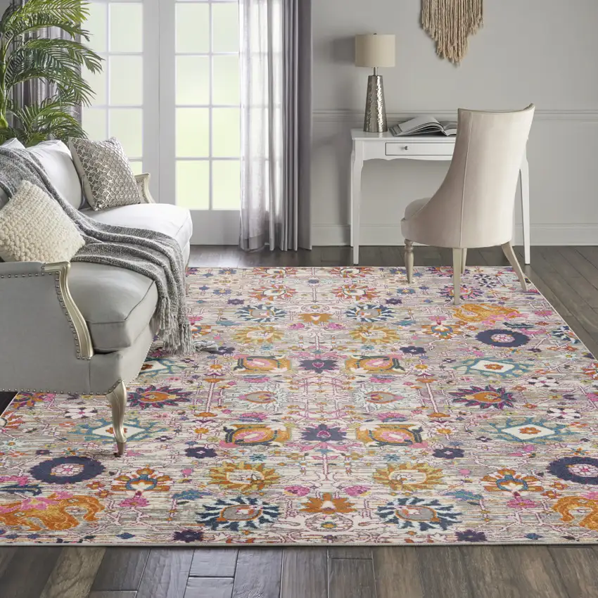 Silver Gray And Pink Floral Distressed Area Rug Photo 7