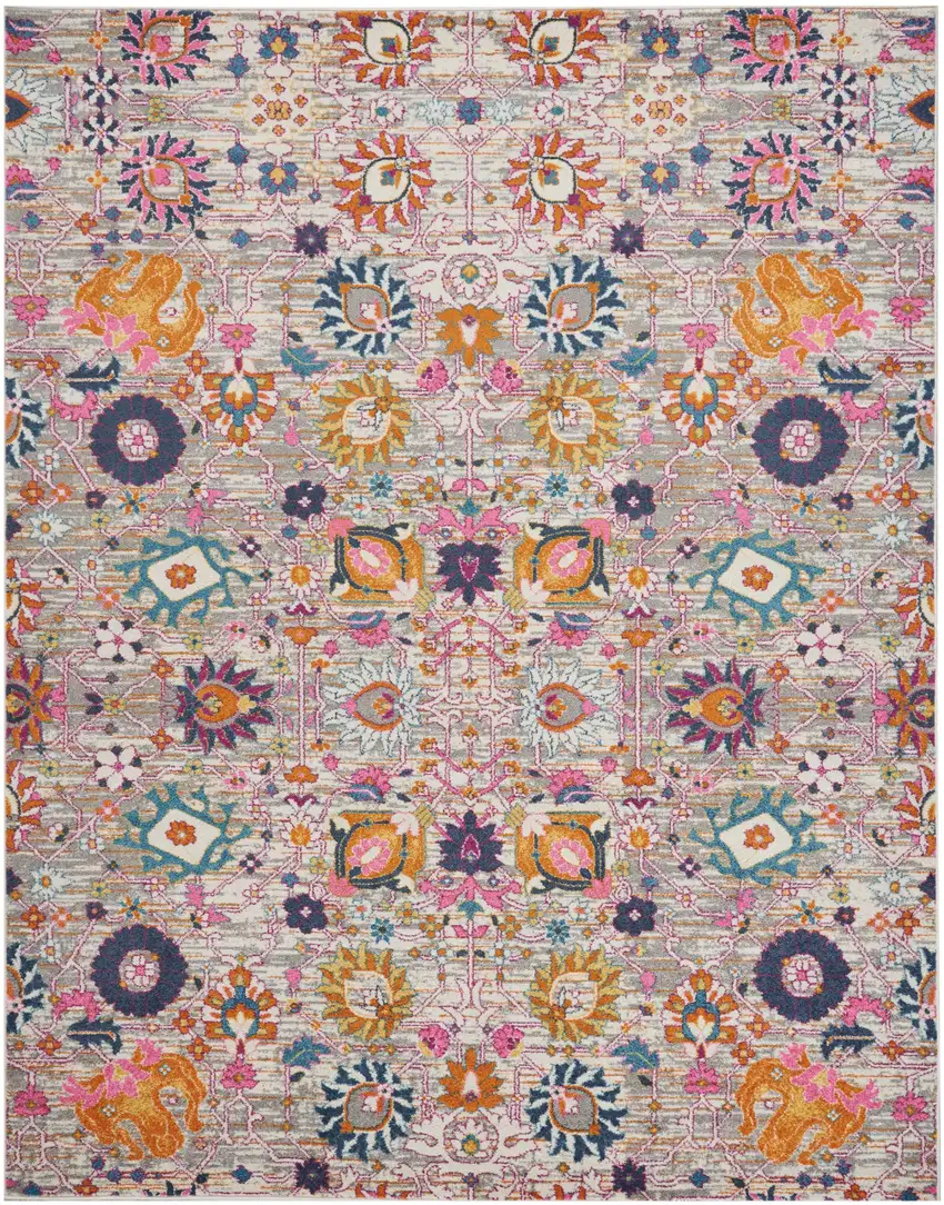 Silver Gray And Pink Floral Distressed Area Rug Photo 1