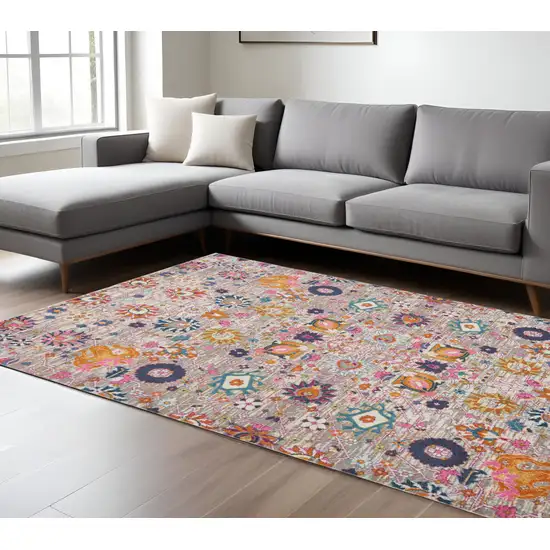 Silver Gray And Pink Floral Distressed Area Rug Photo 2