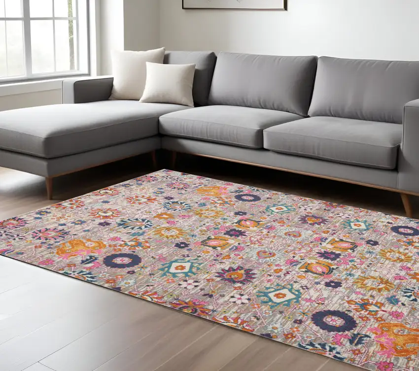 Silver Gray And Pink Floral Distressed Area Rug Photo 2