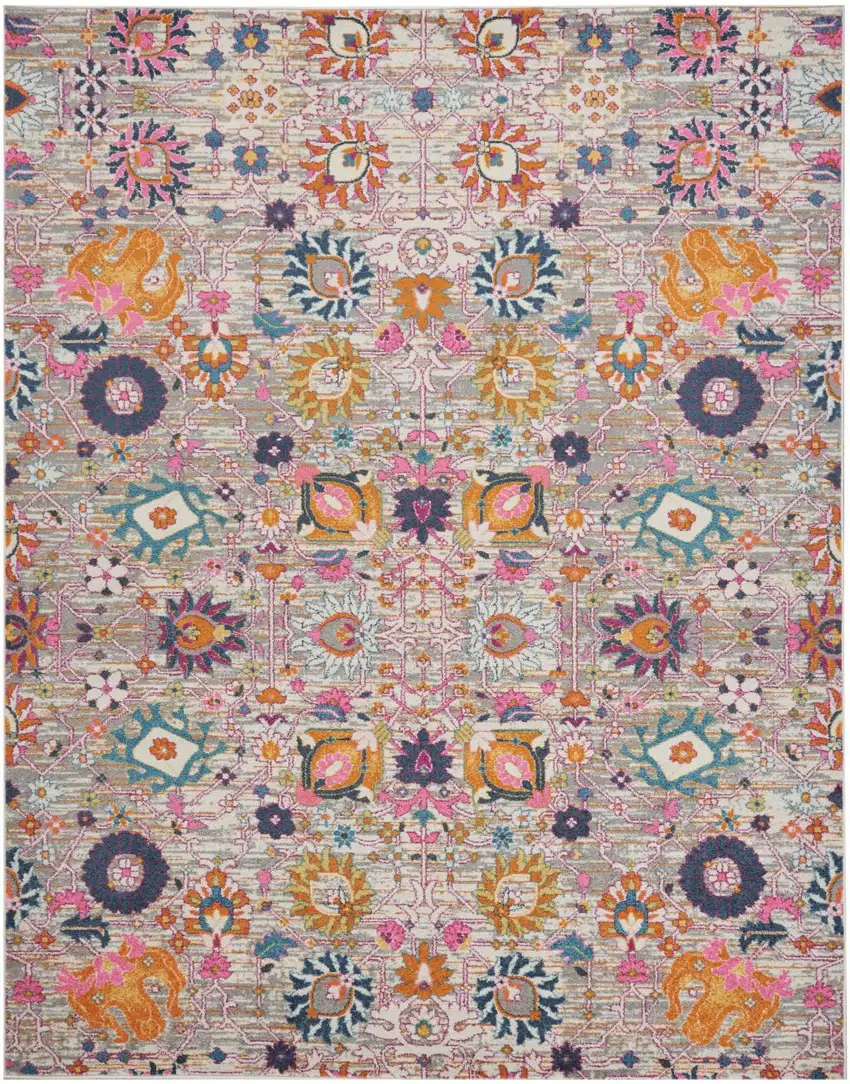 Silver Gray And Pink Floral Distressed Area Rug Photo 8