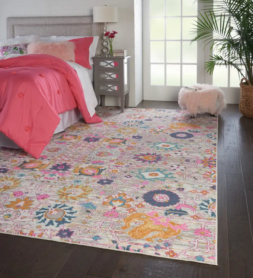 Gray and Pink Floral Power Loom Distressed Area Rug Photo 9