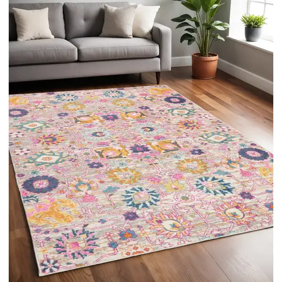 Gray And Pink Floral Distressed Area Rug Photo 1
