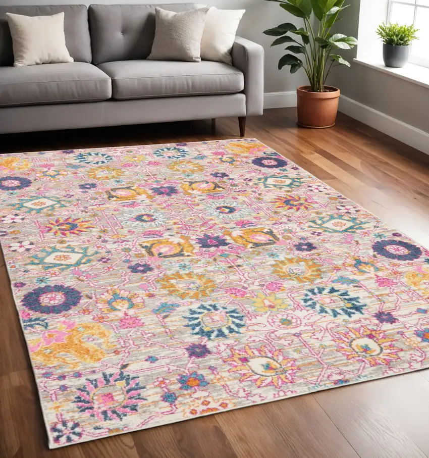 Gray And Pink Floral Distressed Area Rug Photo 1