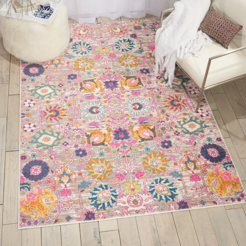 Gray And Pink Floral Distressed Area Rug Photo 5