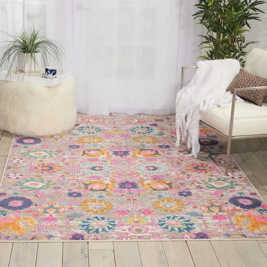 Gray And Pink Floral Distressed Area Rug Photo 4