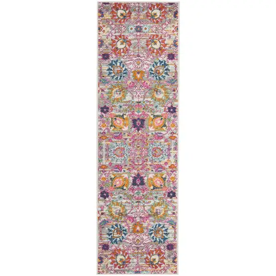 6' Silver Gray And Pink Floral Distressed Runner Rug Photo 3