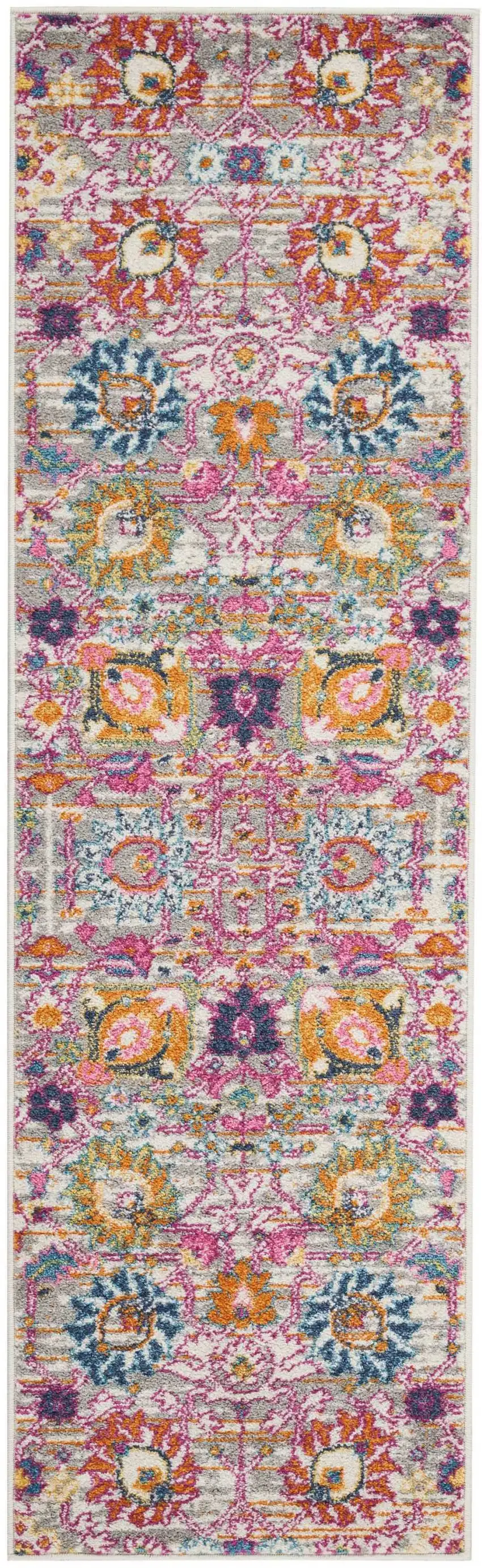 6' Silver Gray And Pink Floral Distressed Runner Rug Photo 3