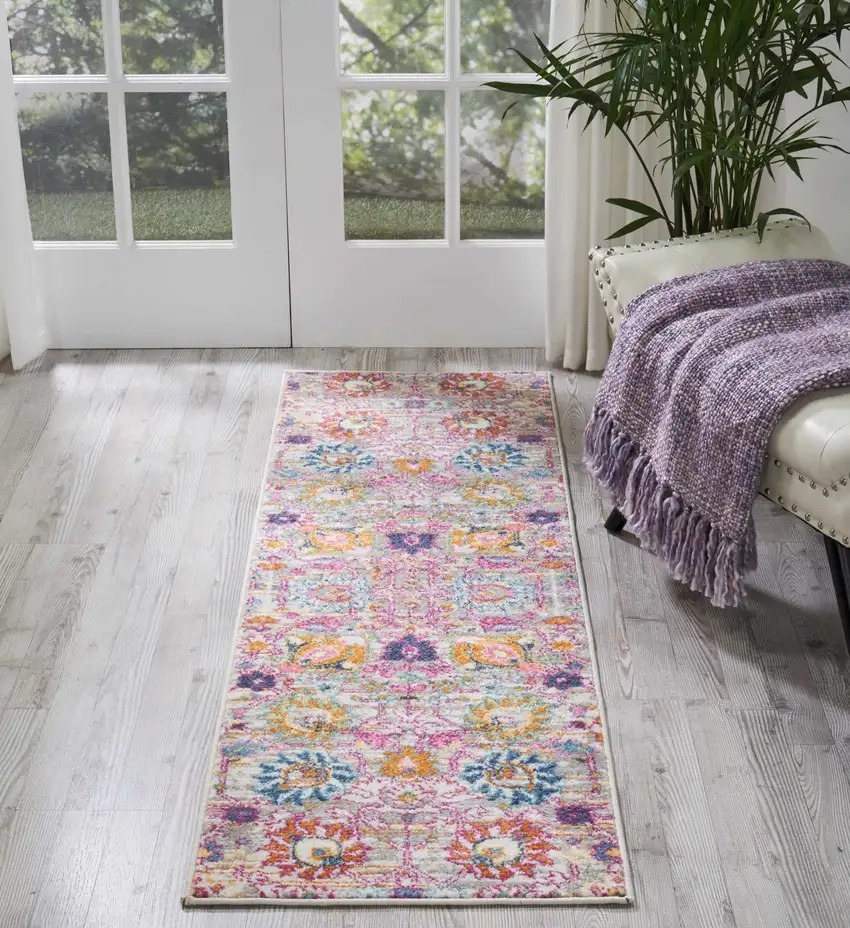 Gray and Pink Distressed Runner Rug Photo 4