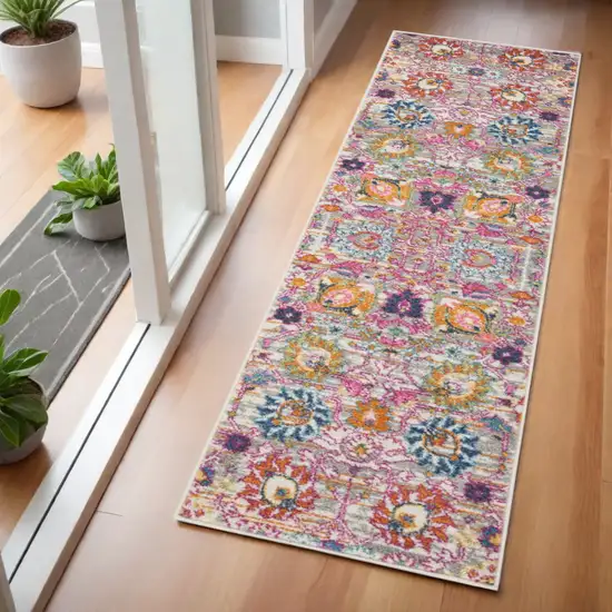 6' Silver Gray And Pink Floral Distressed Runner Rug Photo 1