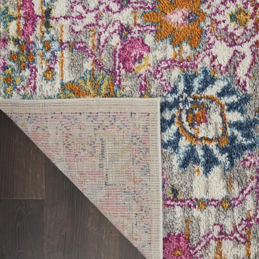 6' Silver Gray And Pink Floral Distressed Runner Rug Photo 9