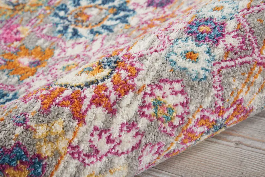 6' Silver Gray And Pink Floral Distressed Runner Rug Photo 5