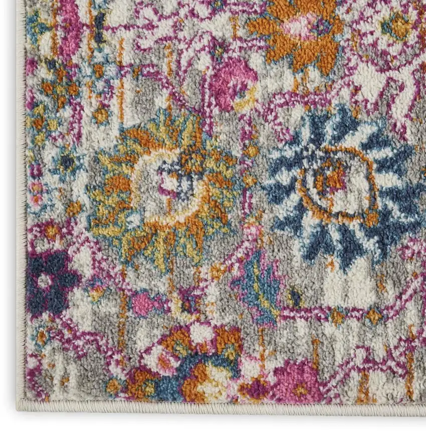 6' Silver Gray And Pink Floral Distressed Runner Rug Photo 8