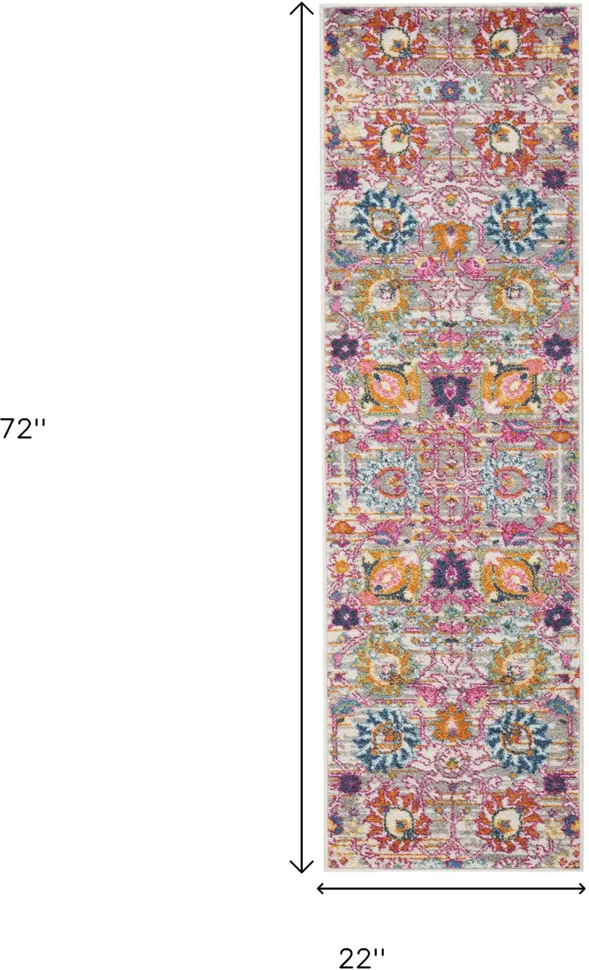 6' Silver Gray And Pink Floral Distressed Runner Rug Photo 3