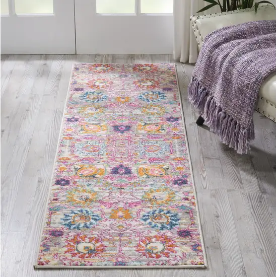 6' Silver Gray And Pink Floral Distressed Runner Rug Photo 5