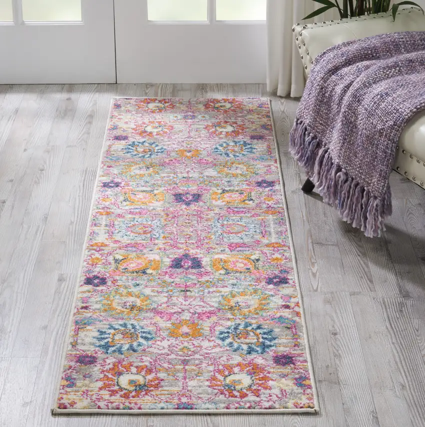 6' Silver Gray And Pink Floral Distressed Runner Rug Photo 8
