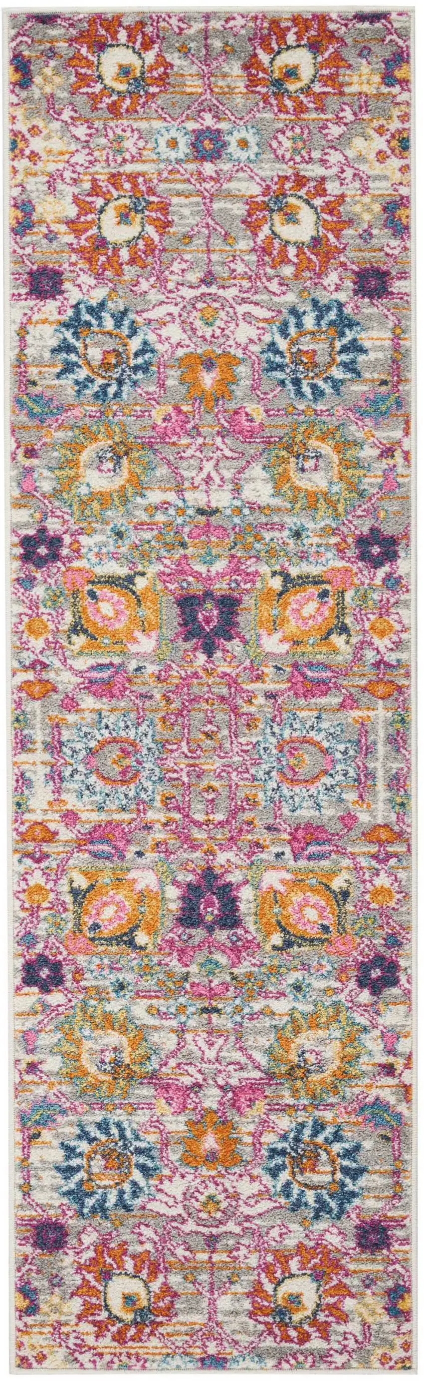 6' Silver Gray And Pink Floral Distressed Runner Rug Photo 2