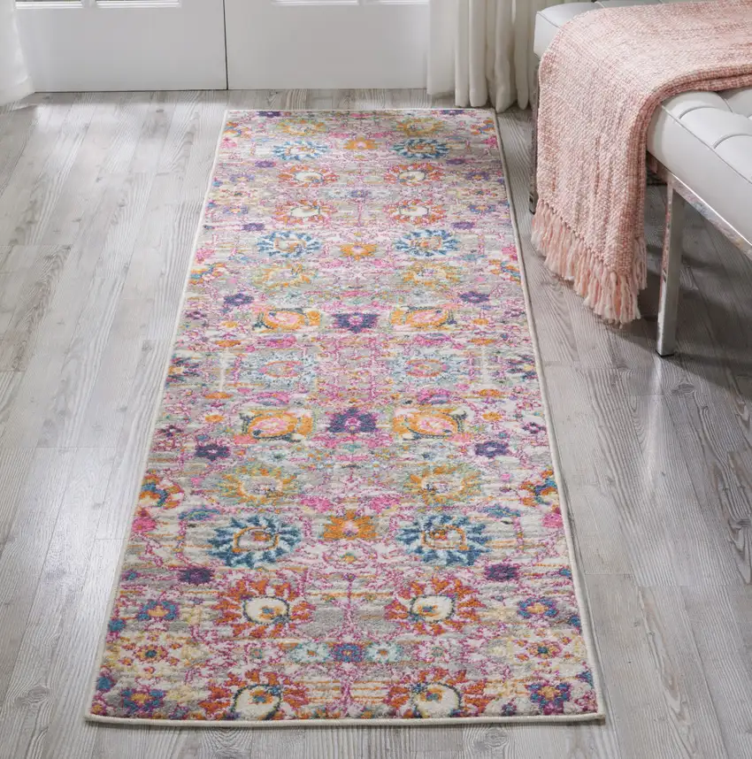 8' Silver Gray And Pink Floral Distressed Runner Rug Photo 8