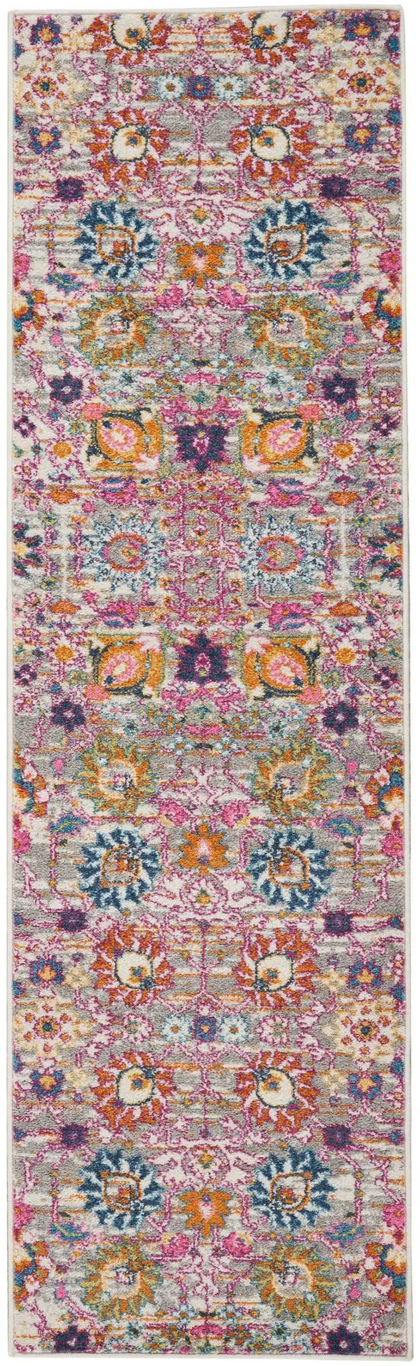 8' Silver Floral Power Loom Runner Rug Photo 7