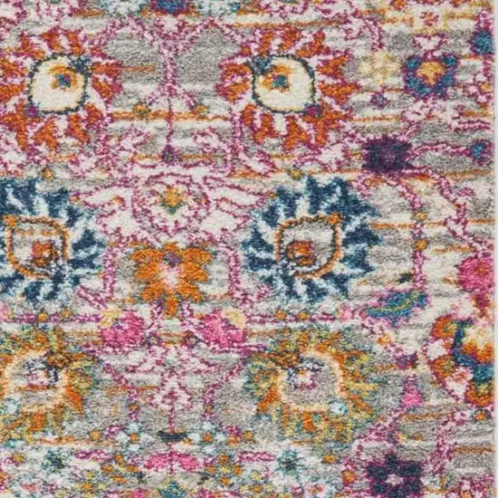 8' Silver Gray And Pink Floral Distressed Runner Rug Photo 1