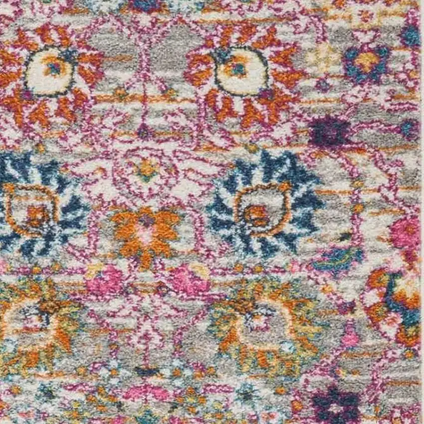 8' Silver Gray And Pink Floral Distressed Runner Rug Photo 1