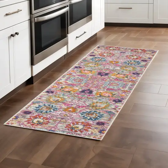 8' Silver Gray And Pink Floral Distressed Runner Rug Photo 1
