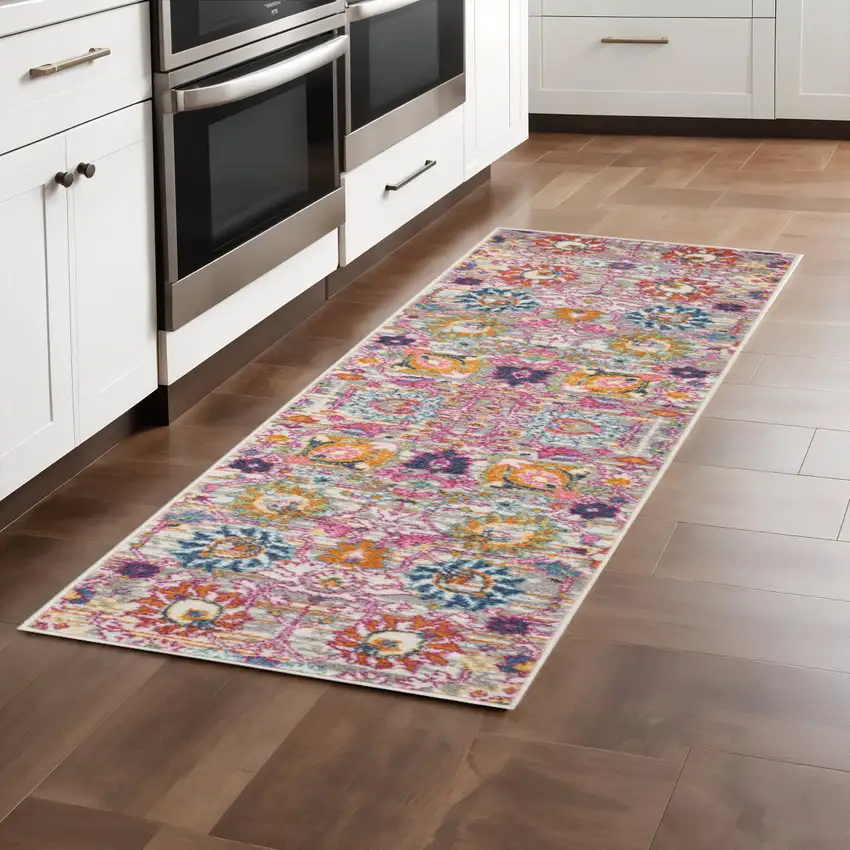 8' Silver Gray And Pink Floral Distressed Runner Rug Photo 1
