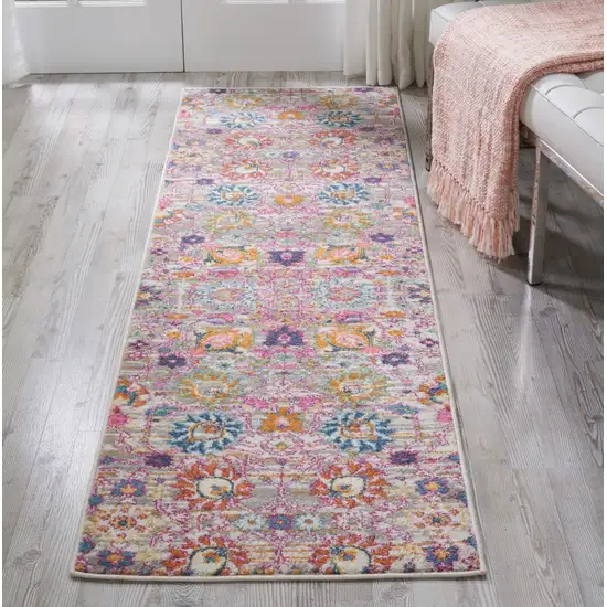 8' Silver Gray And Pink Floral Distressed Runner Rug Photo 5