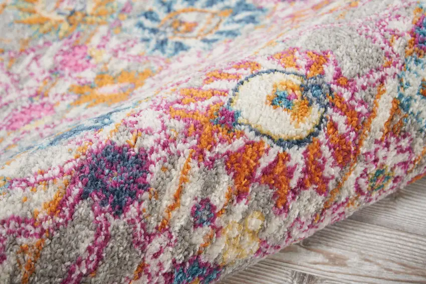 8' Silver Gray And Pink Floral Distressed Runner Rug Photo 5
