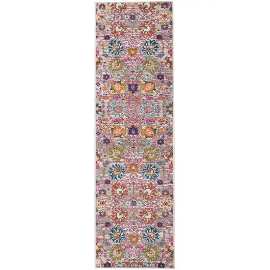 8' Silver Gray And Pink Floral Distressed Runner Rug Photo 4