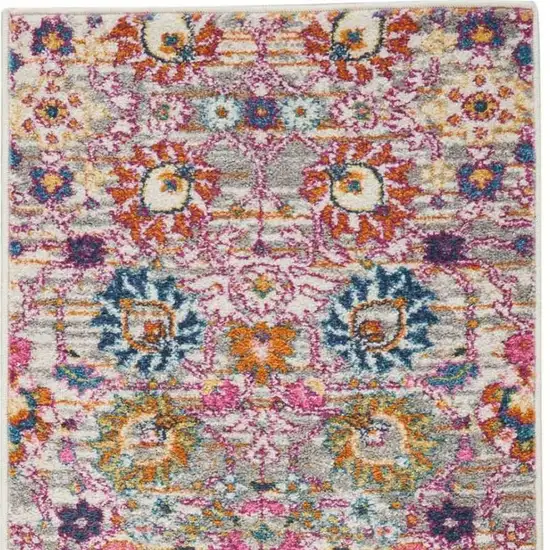 8' Silver Gray And Pink Floral Distressed Runner Rug Photo 3