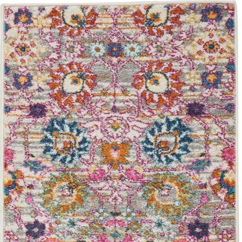 8' Silver Gray And Pink Floral Distressed Runner Rug Photo 3