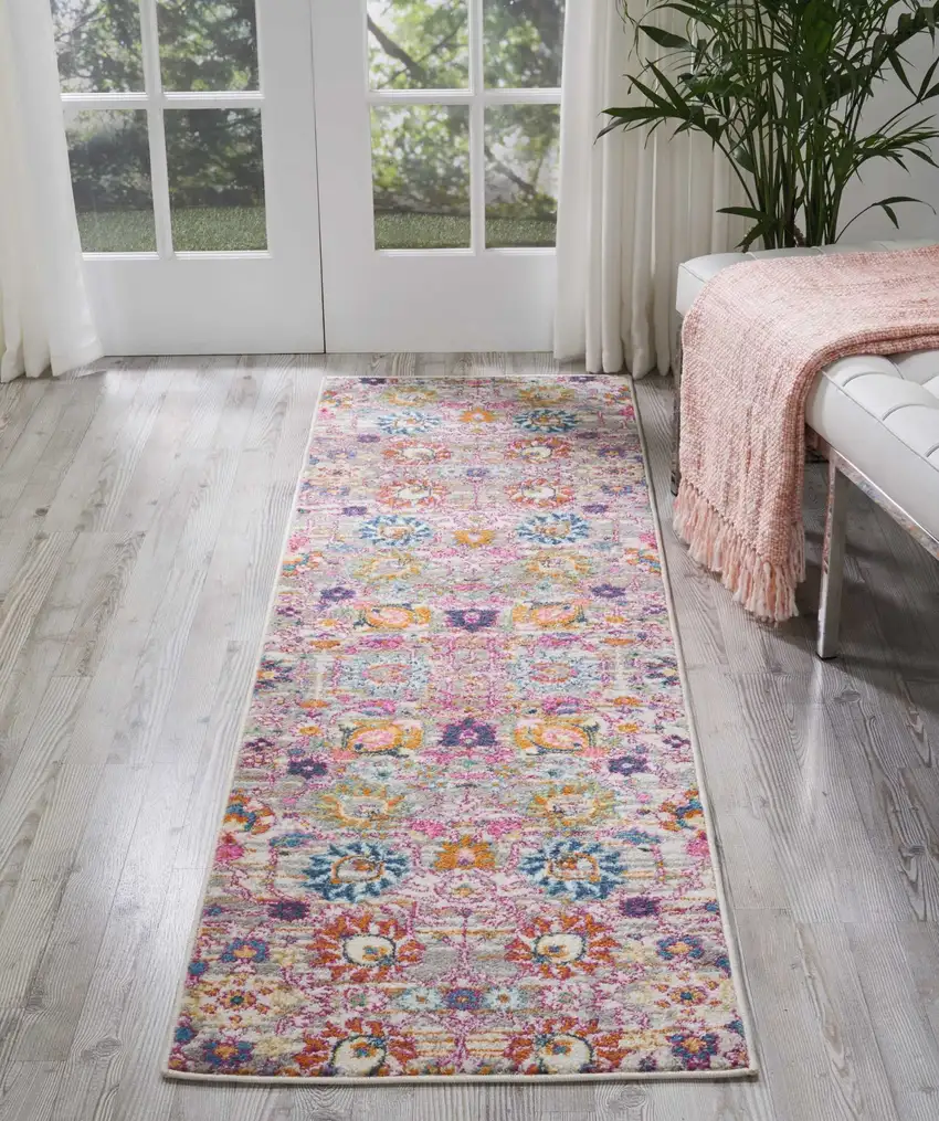 Gray and Pink Distressed Runner Rug Photo 4
