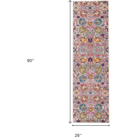 8' Silver Gray And Pink Floral Distressed Runner Rug Photo 3