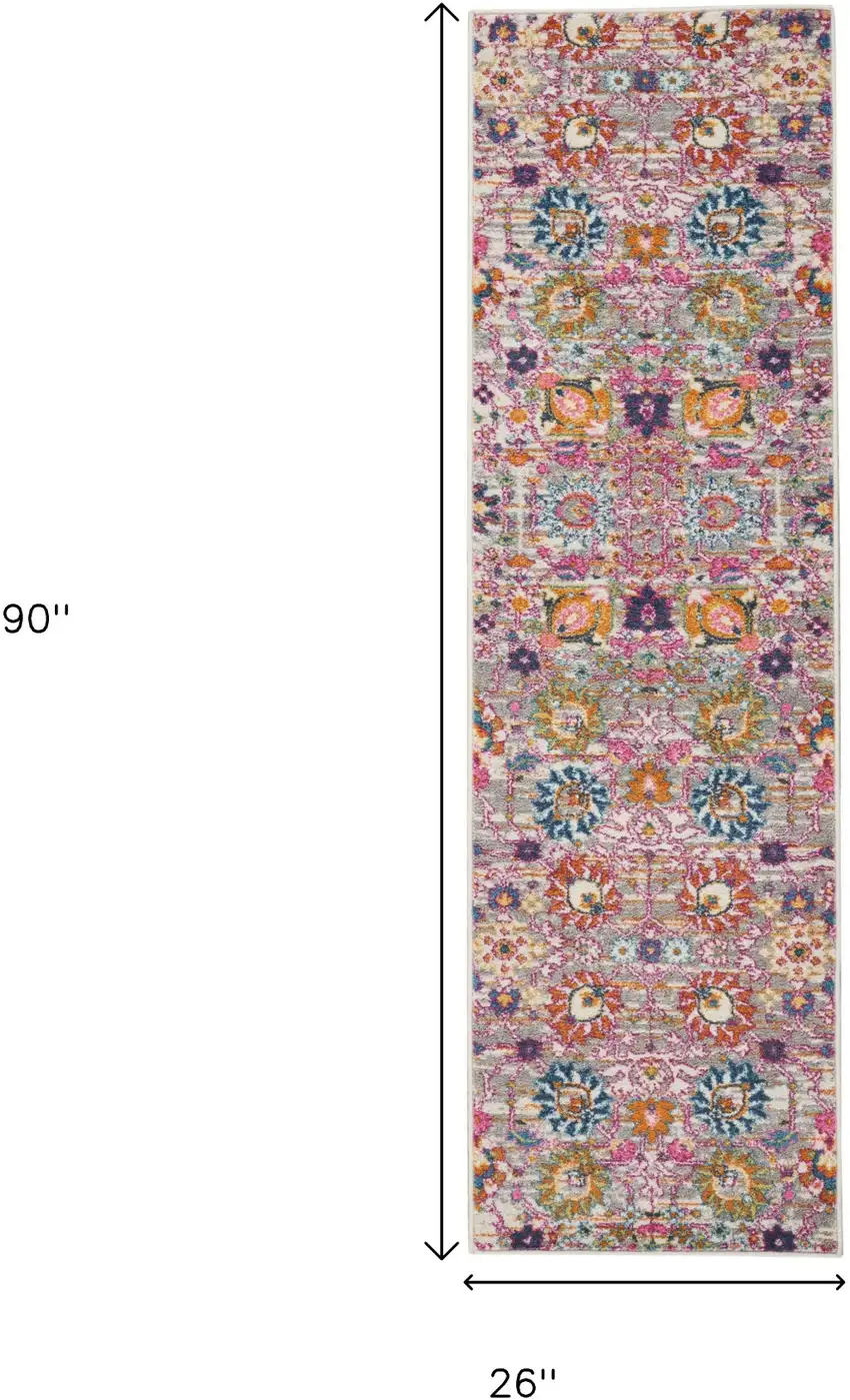 8' Silver Gray And Pink Floral Distressed Runner Rug Photo 3