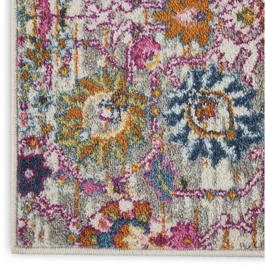 8' Silver Gray And Pink Floral Distressed Runner Rug Photo 8