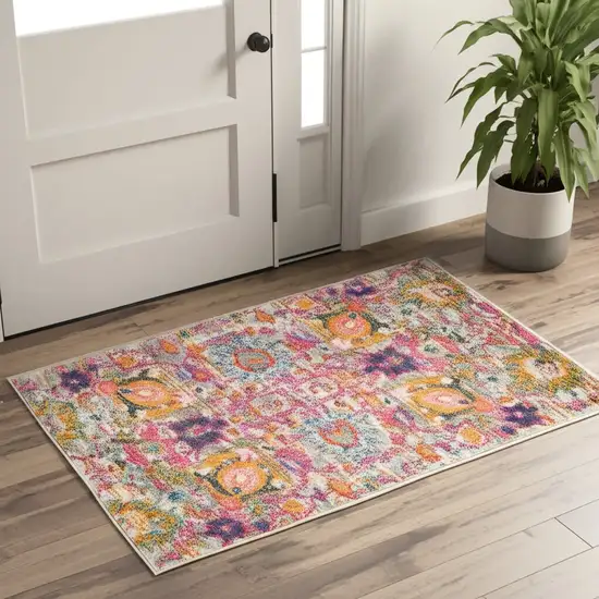 Silver Gray And Pink Floral Distressed Area Rug Photo 1