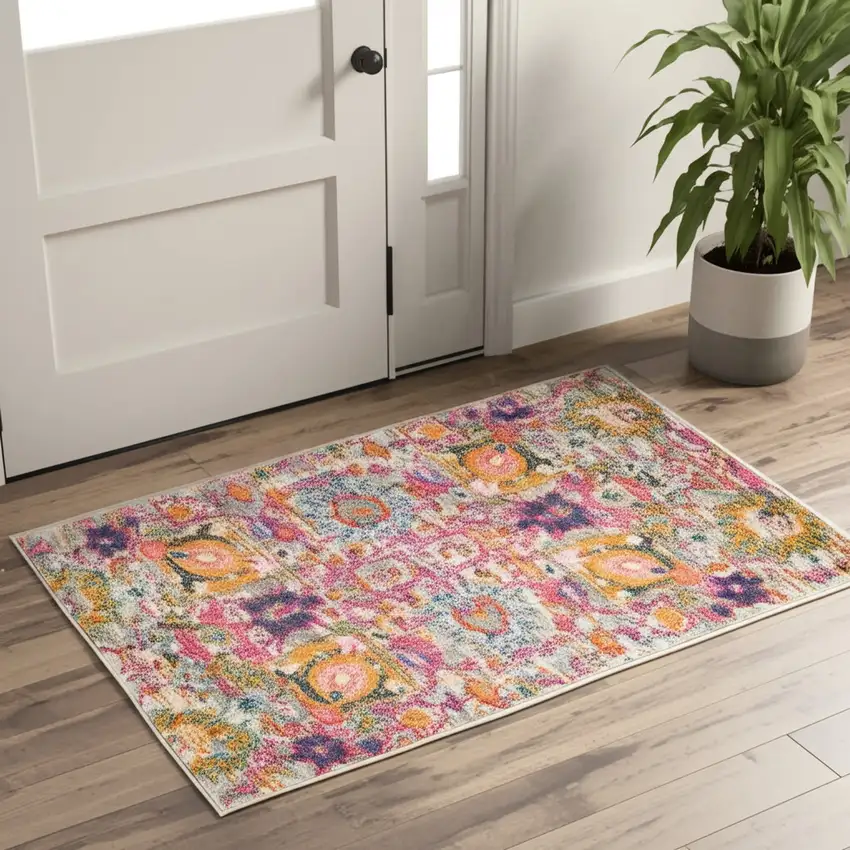 Silver Gray And Pink Floral Distressed Area Rug Photo 1