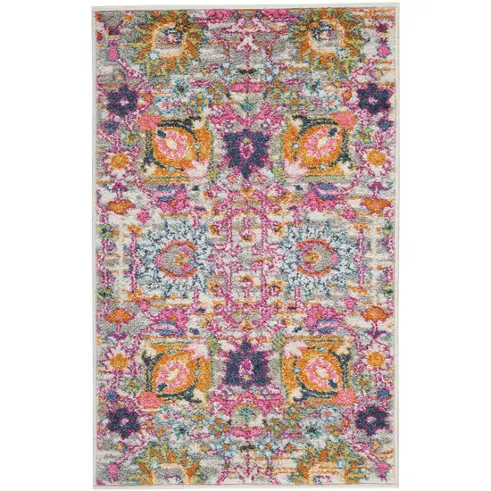 Silver Gray And Pink Floral Distressed Area Rug Photo 9