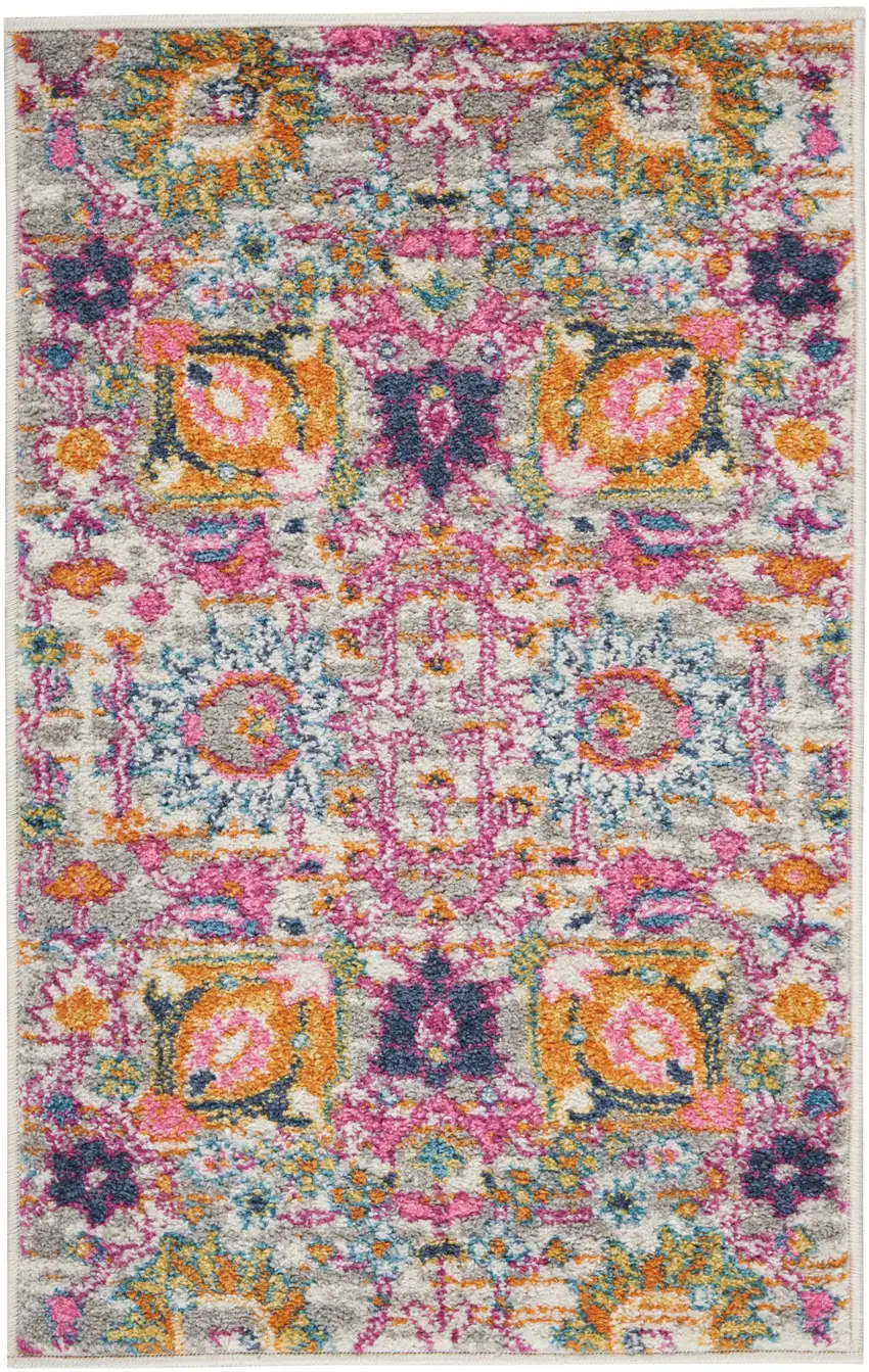 Silver Gray And Pink Floral Distressed Area Rug Photo 9
