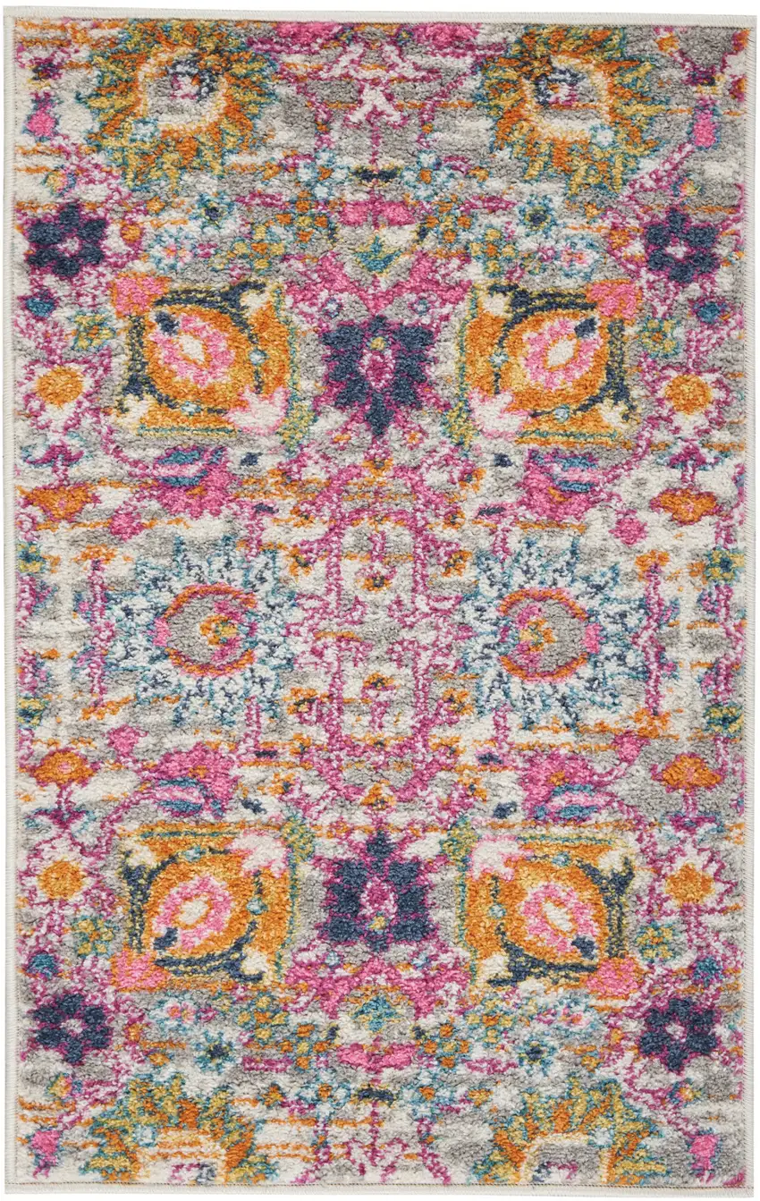 Silver Gray And Pink Floral Distressed Area Rug Photo 6