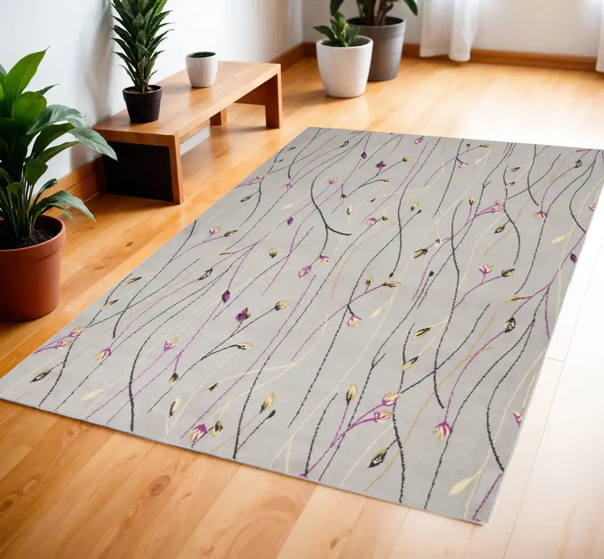 Gray and Pink Floral Power Loom Area Rug Photo 1