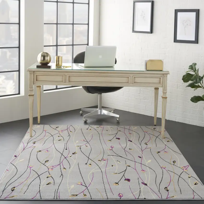 Gray and Pink Floral Power Loom Area Rug Photo 5