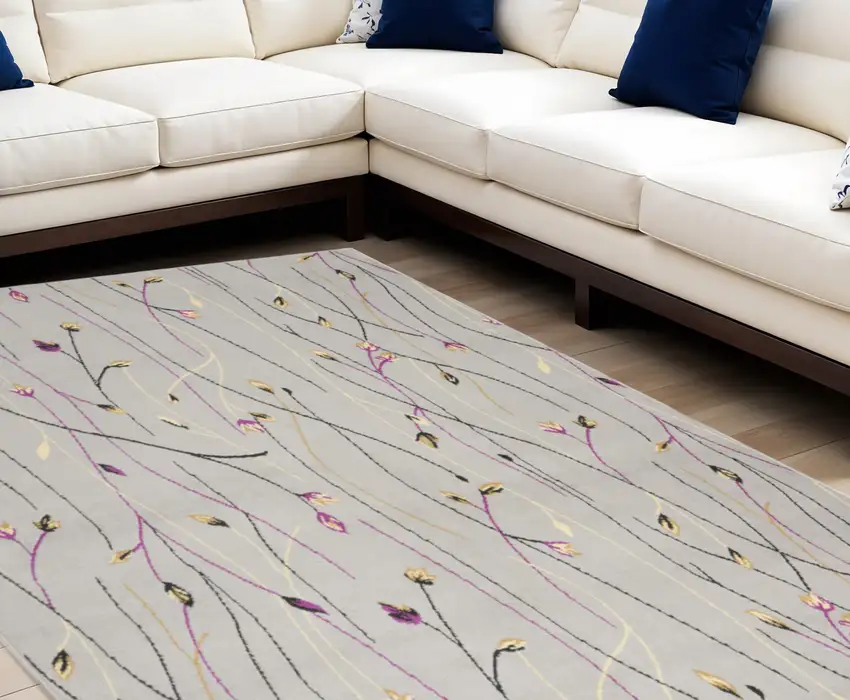 Gray and Pink Floral Power Loom Area Rug Photo 1