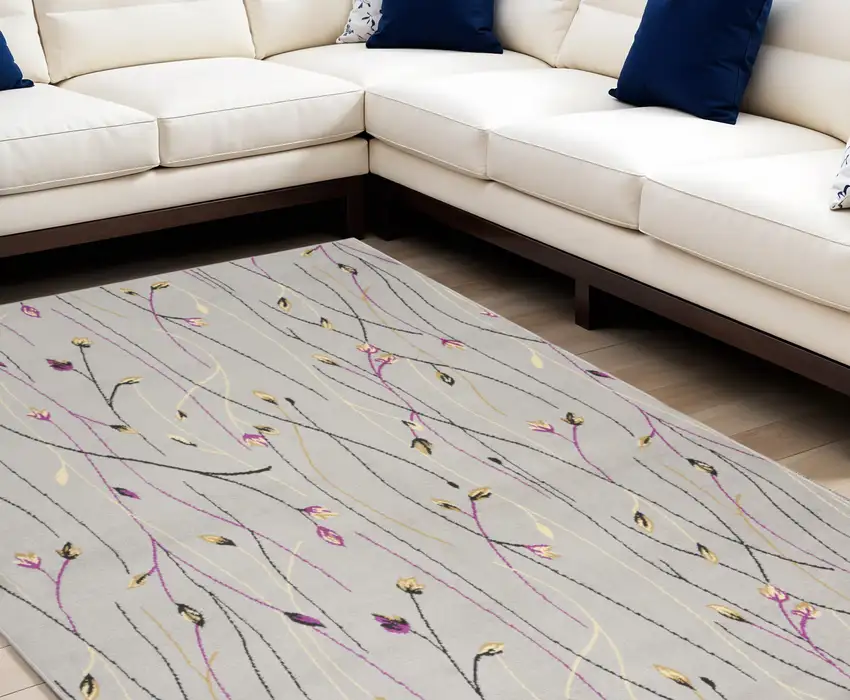 Gray and Pink Floral Power Loom Area Rug Photo 1